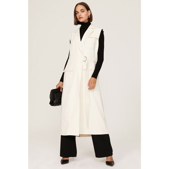 Marina Moscone Long Cream Oversized Sleeveless Wrap Midi Trench Vest Size Medium - Picture 1 of 14